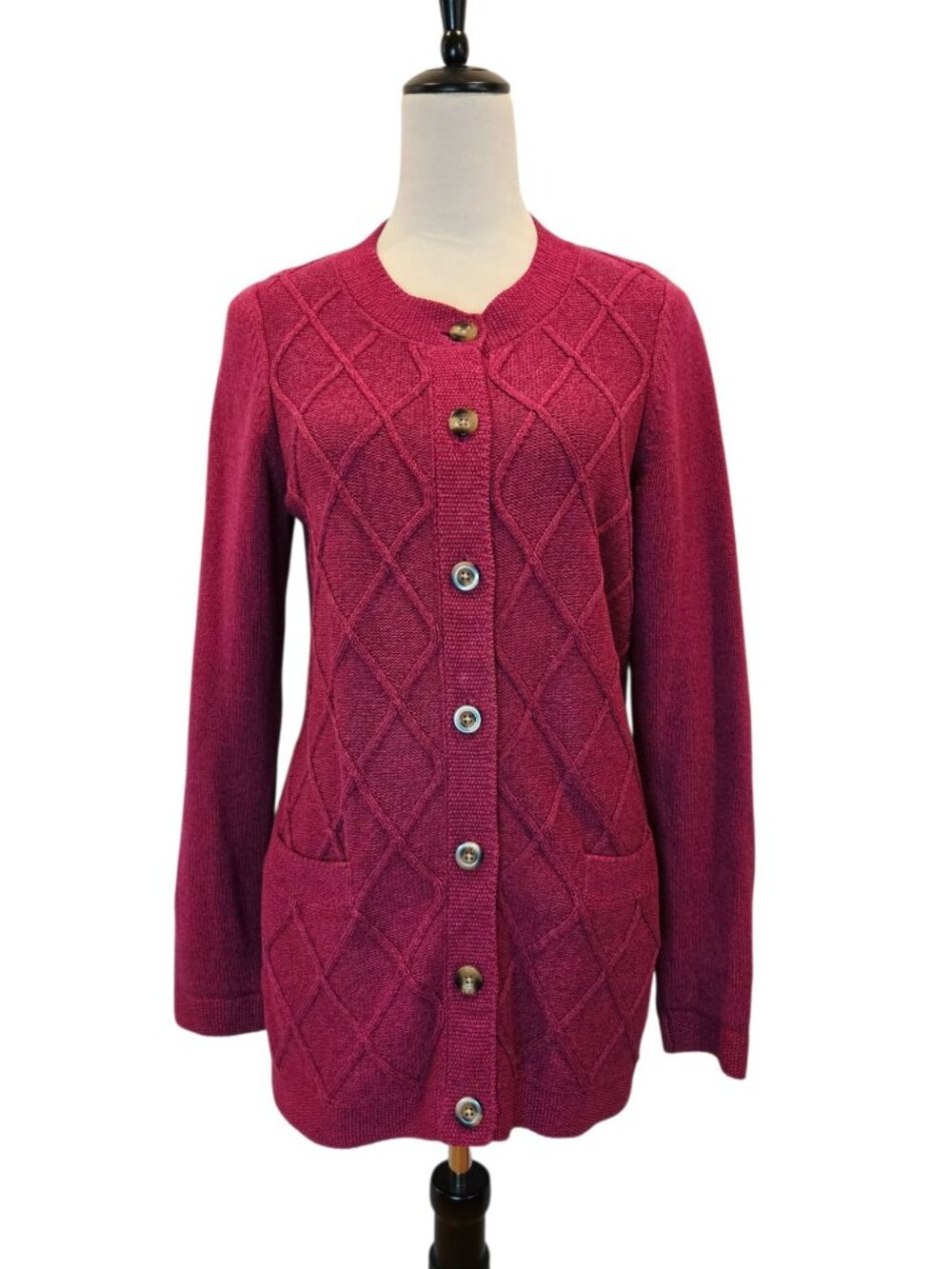 LL Bean Womens Cardigan Sweater 100% Cotton Diamond Cable Knit Heathered Pink
